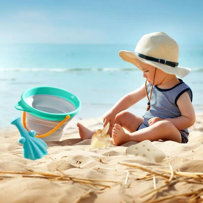 ถังชายหาดพับได้สำหรับเด็กถังของเล่นทรายสีสันสดใสของเล่นชายหาดทำจากซิลิโคนสำหรับสวนหลังบ้านทะเลสาบ