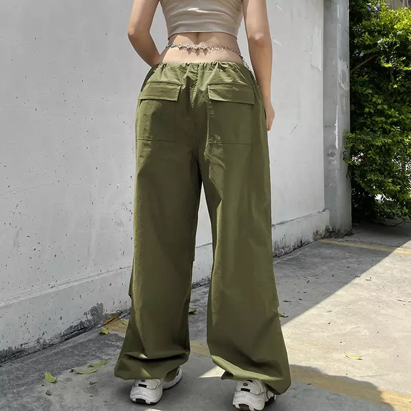 Pantalones con bolsillos grandes y cordón para mujer, pantalón informal de cintura baja y pierna ancha, ropa de calle, YBF23-3, 2024