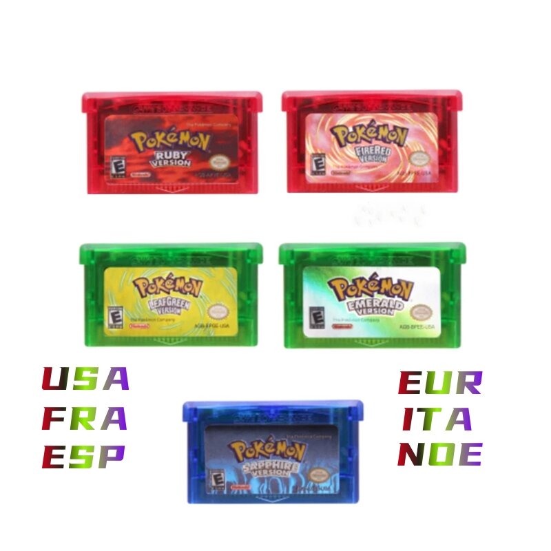 GBA Video Game Console Card, Pokemon, FireRed, LeafGreen, Rubi, Safira, Inglês, Espanhol, Espanhol, Italiano, 32 Bit
