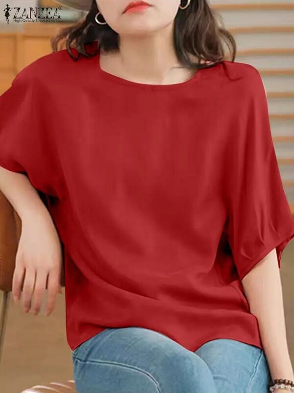 ZANZEA 2024 estate mezza goccia manica spalla camicia Blusas coreano Casual donna camicetta girocollo sciolto top solido semplice tuniche