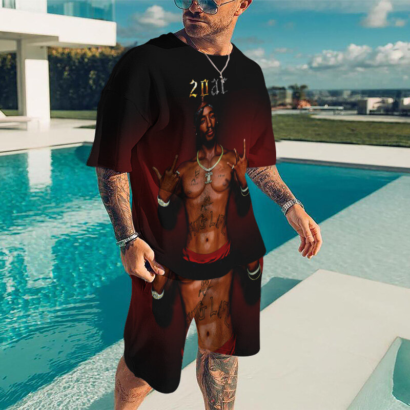 2023 Rap Sänger 2pac trend ige Männer T-Shirt Set 3D-Druck Tupac Hip Hop Streetwear Overs ize O-Ausschnitt Kurzarm T-Shirts Mode Stoff