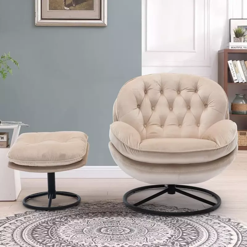 Set ottoman putar beludru, kursi TV kursi berlengan nyaman, kursi malas modern dengan ottoman dengan kaki logam