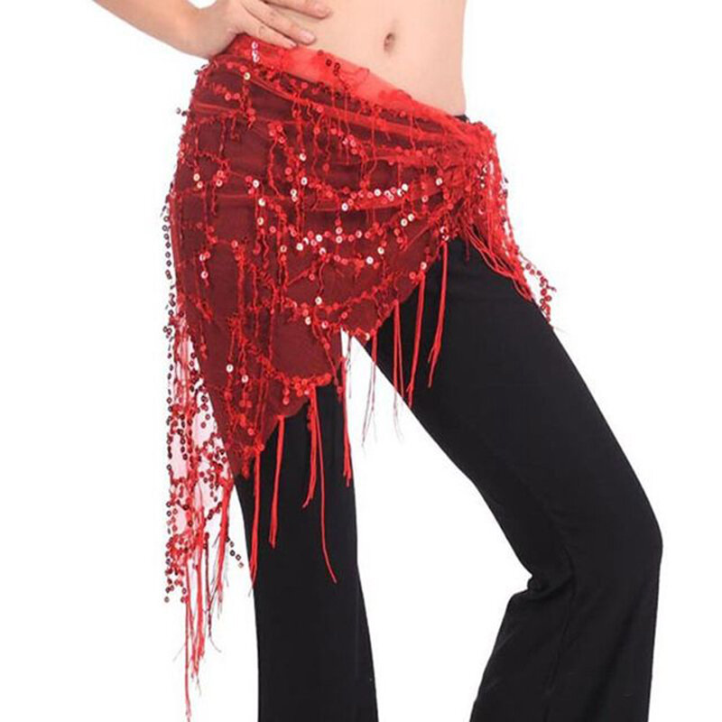 Trajes de dança do ventre com lantejoulas e borla para mulheres, cachecol indiano de dança do ventre quadril, corrente de cintura dançante