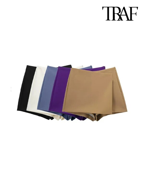 TRAF Women Fashion Pareo Style Asymmetric Shorts Skirts Vintage High Waist Side Zipper Female Skort Mujer