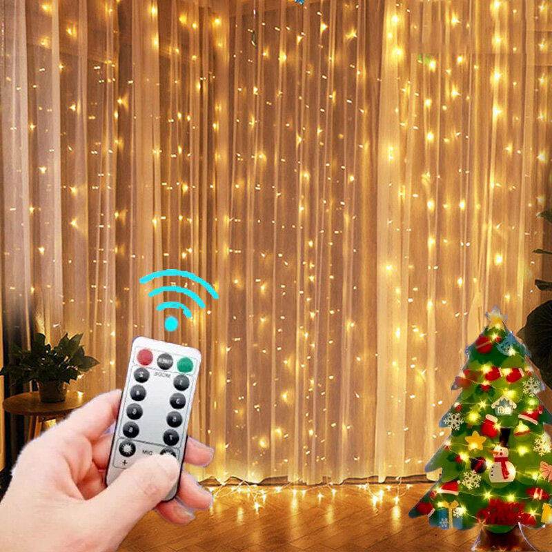 Guirnalda de cortina de 6M para decoración navideña, luces LED de hadas con Control remoto para dormitorio y hogar al aire libre