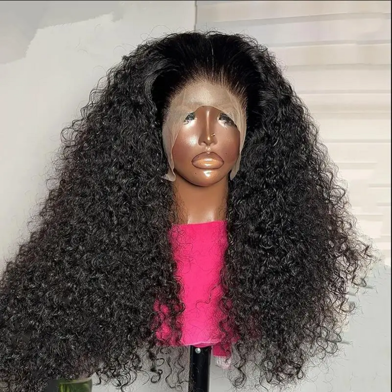 BabyHair-peluca rizada de encaje frontal para mujer, postizo largo de 26 pulgadas, color negro Natural, 180de densidad, sin pegamento, predesplumada, resistente al calor, uso diario