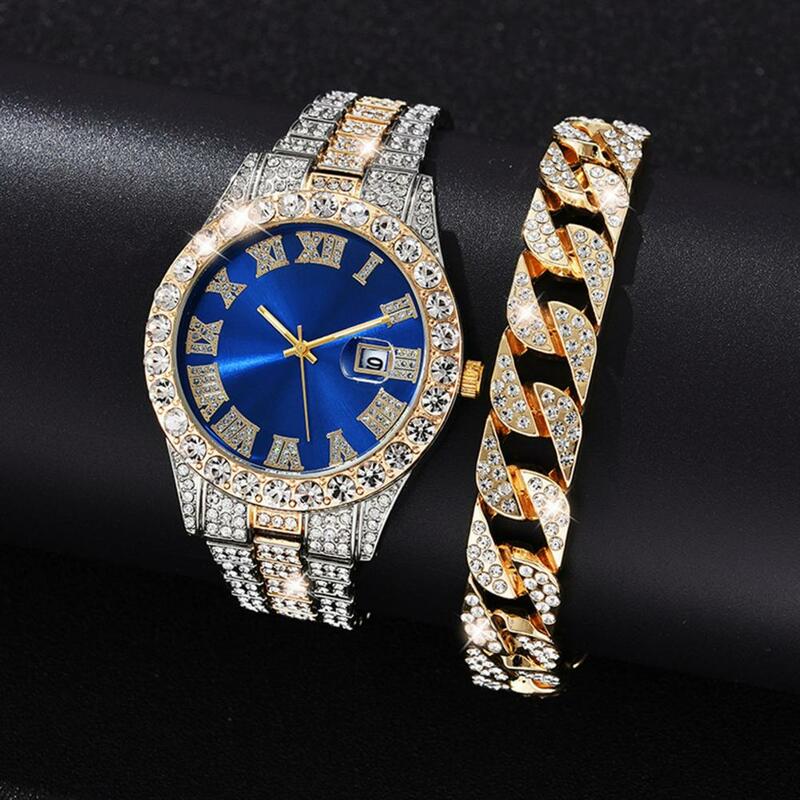 Musujący zegarek imprezowy luksusowy męski zestaw bransoletka do zegarka z kryształami górskimi z taśma metalowa dokładnym okrągła tarcza kwarcem biznesowym dla niego