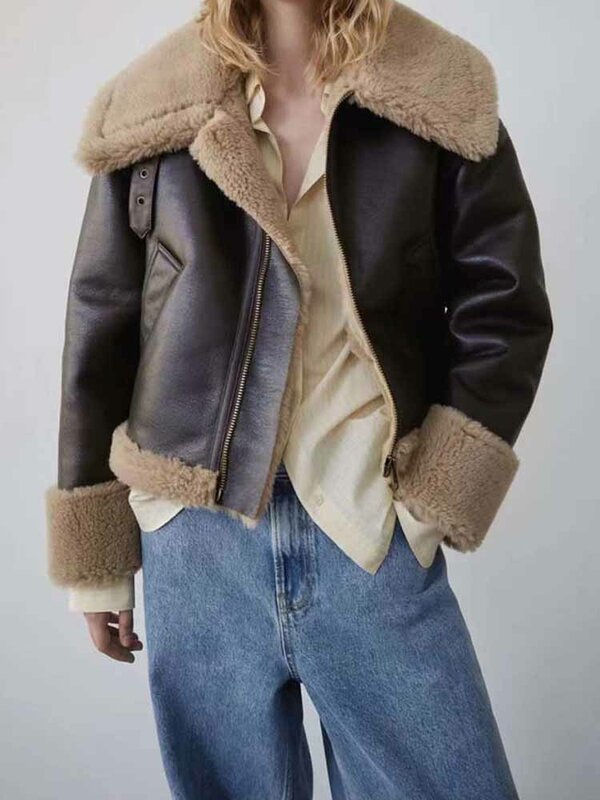 Женская Двухсторонняя куртка из искусственной кожи, свободная винтажная верхняя одежда на молнии с длинным рукавом, 2023