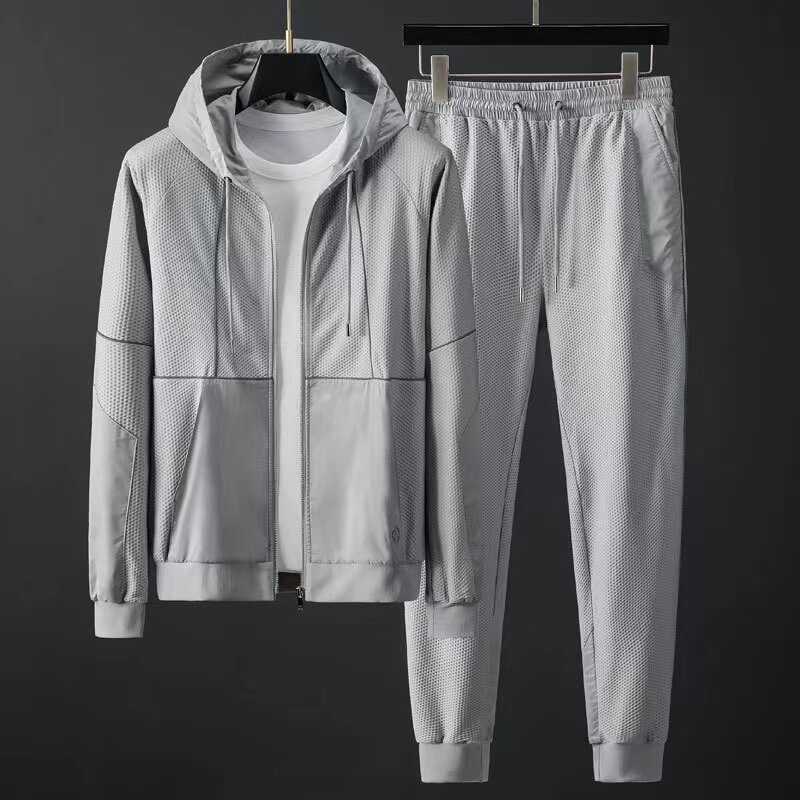 Men Tracksuit Zipper Hooded Jacket and Sweatpants 2 Pieces Set Spring Autumn Fashion Casual Breathable Quick Dry Male Sportswear