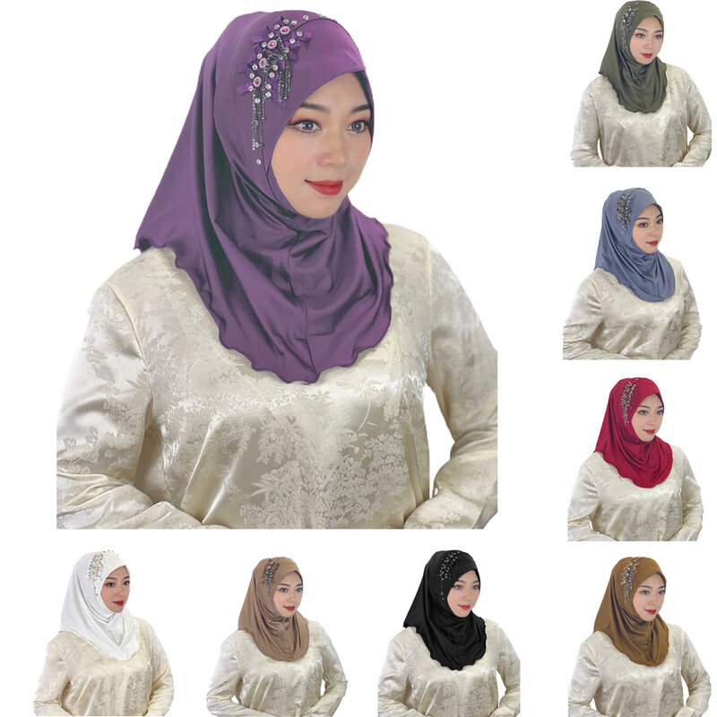 Malaysia Headscarf Bow Fringe Diamonds Women Headscarf Beads Hat Ethnic Head Scarf One Piece Amira Instant Wrap Pull On Ready