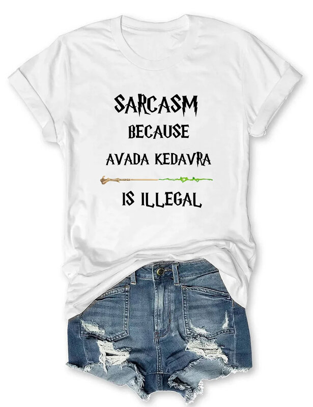 Em torno do pescoço manga curta t-shirt, rheaclots sarcasmo, se Avada Kedavra é ilegal impresso