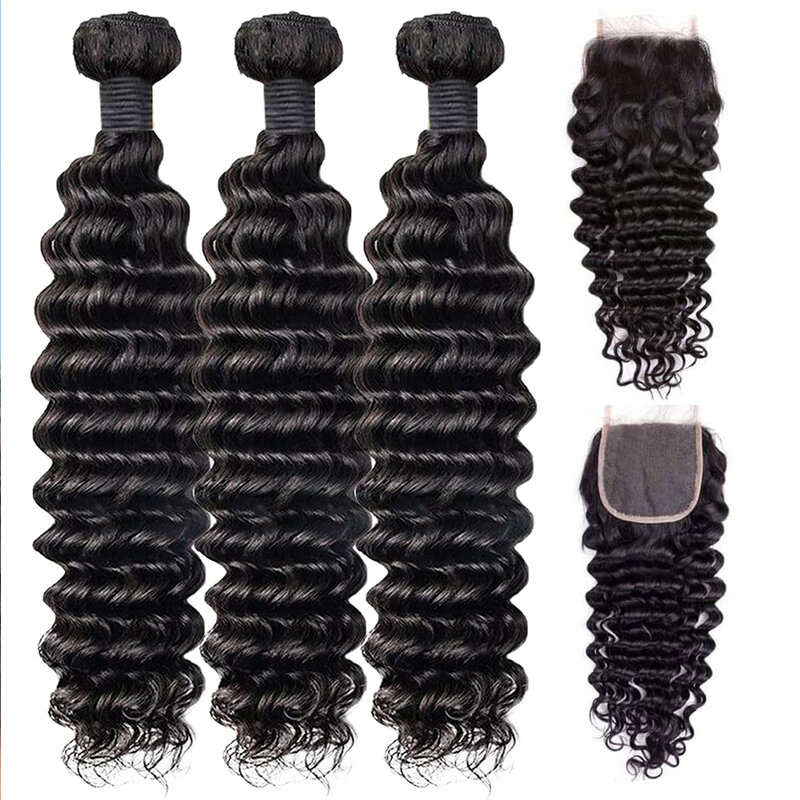 Bundles de cheveux humains Deep Wave pour femmes, Extensions de cheveux naturels, Bundles bouclés, Vrais cheveux humains naturels avec fermeture, 4x4, Brésilien