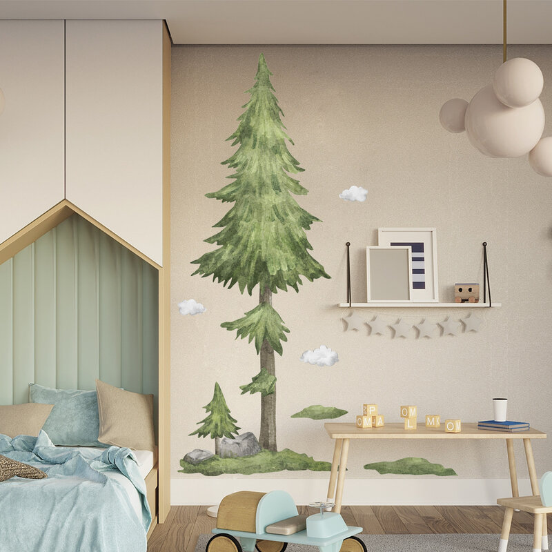 Pegatinas de pared de árboles de viento de acuarela, 4 piezas, sala de estar, habitación de niños, pegatina decorativa de pared de bosque, Ms6305