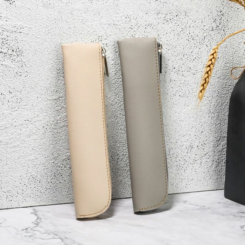 Solid Color PU Pencil Bags Pen Sleeve PU Leather Large Capacity Pen Pouch Pen Bags Office Supplies
