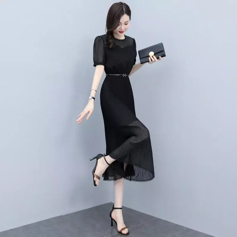 Czarny sukienki szyfonowe damski letni pasek Slim Fit Slim oszałamiająca długa sukienka z krótkim rękawem plisowana damska odzież biurowa z okrągłym dekoltem