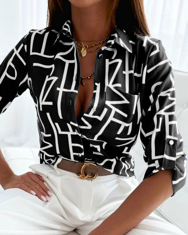 Elegant Long Sleeve Shirts Blouses for Women 2024 Women's Fashion Trends Shirts Office Lady Letter Printing Blouse Femmes Tops