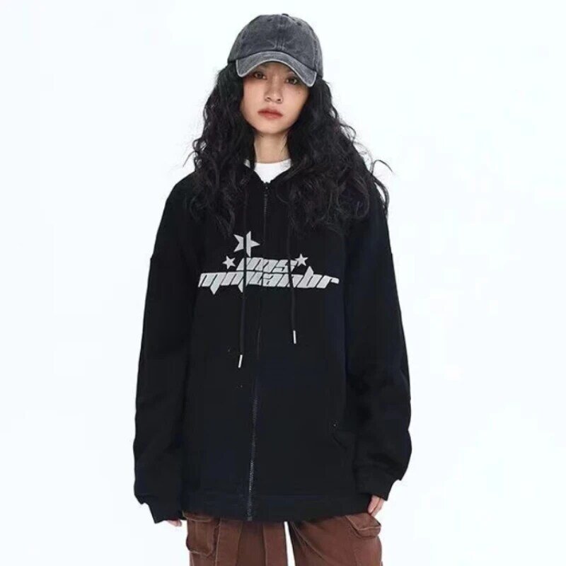 Vintage Jacket Pentagram Print Hoodies Jackets Ladies Hip Hop Harajuku Cotton Fall Winter Cardigan Sweethearts Hoodies 2022 New