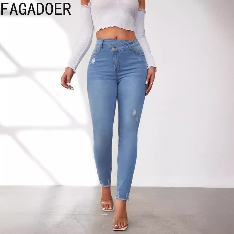 FAGADOER-Pantalon crayon skinny en denim élastique pour femme, pantalon taille haute, jean à poches boutonnées, bas de cowboy féminins, bleu, mode, fjFemale