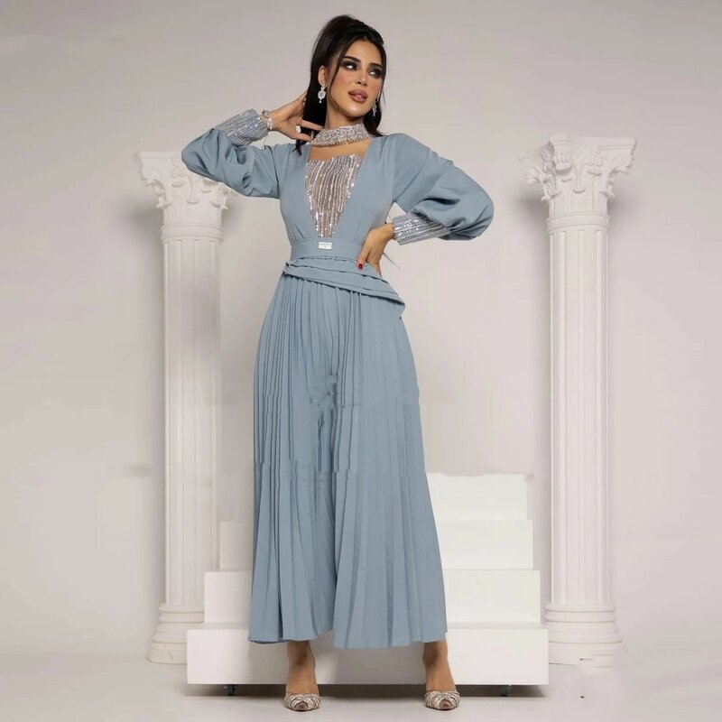 Romantic Blue Chiffon A-Line Dubai O-Neck Prom Party Sequins Long Sleeves Evening Dress Ankle Length Special Occasion Gowns