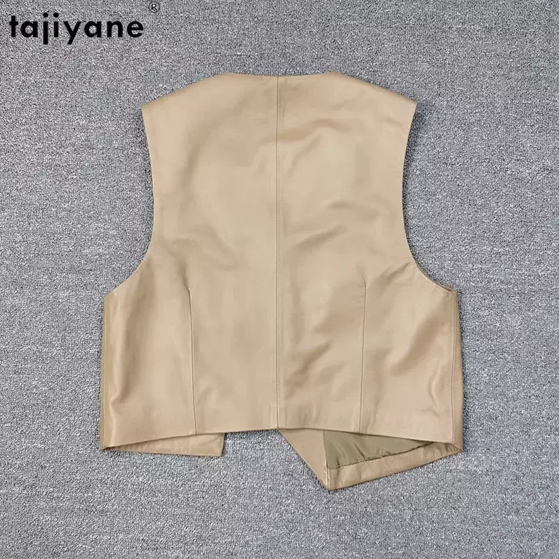 Tajiyane-jaqueta de couro sem mangas de pele de carneiro para mulheres, colete curto irregular de peito único, tops de couro