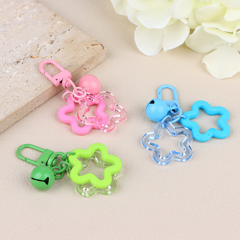 1Pc Colorful Resin Double Hollow Star Keychain With Bell Pendant Bag Charm For Women Girls Earphone Case Car Key Decoration