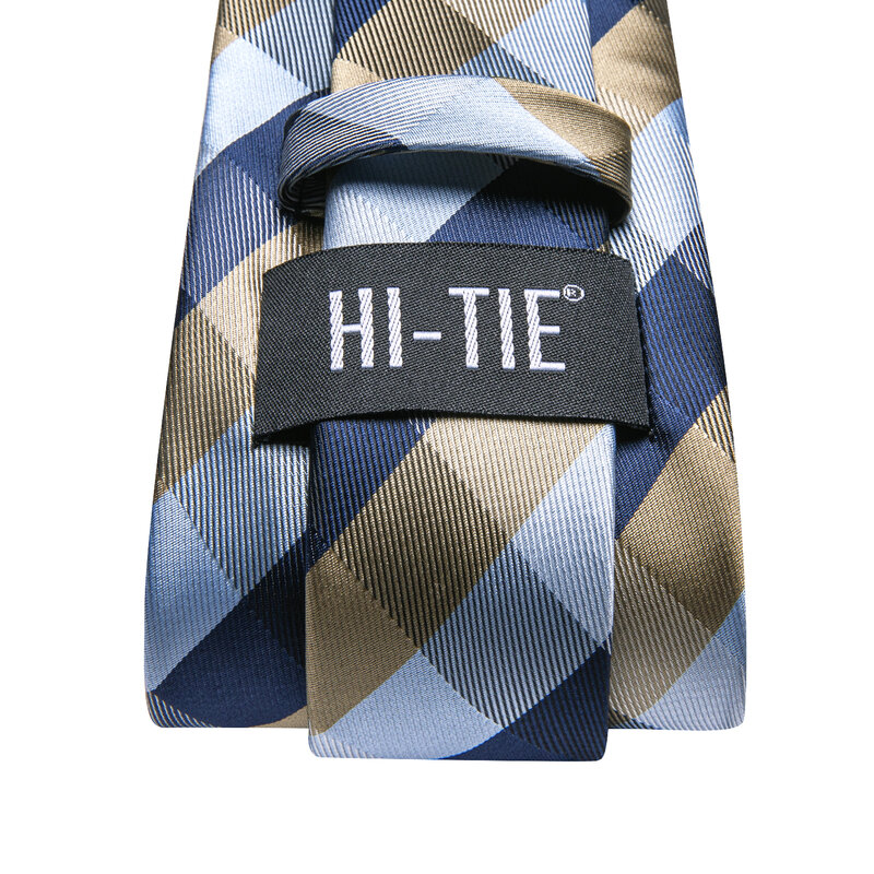 Hi-Tie-Men's Xadrez Design Elegante Gravata, Azul, Marrom, Marca de Moda, Wedding Party Gravata, Handky Cufflink, Negócio, Atacado