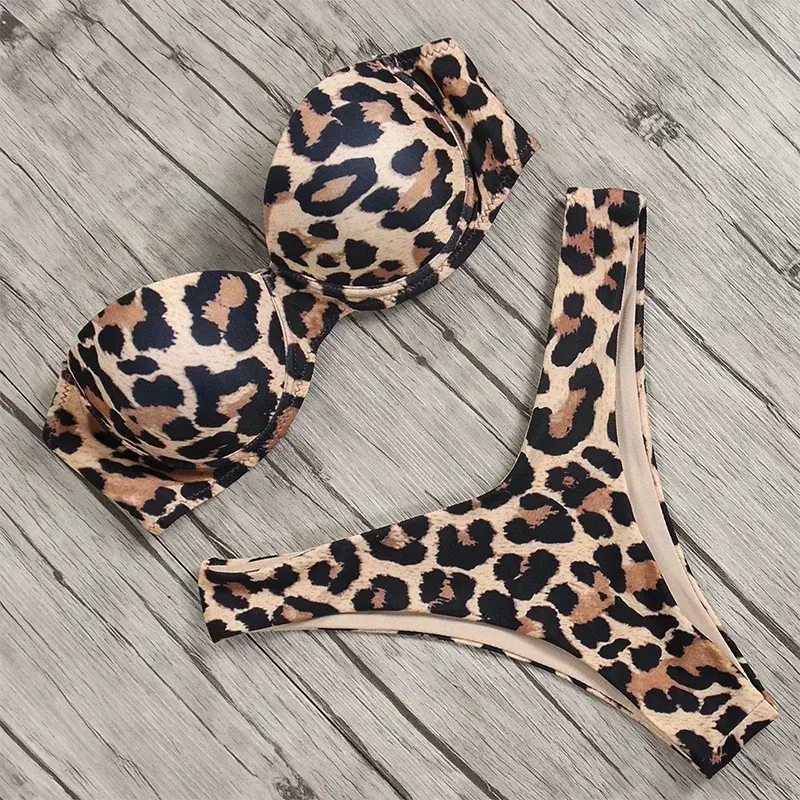 Conjunto sexy de biquíni leopardo para mulheres, sutiã push-up, roupa de banho de duas peças, moda praia de cintura baixa