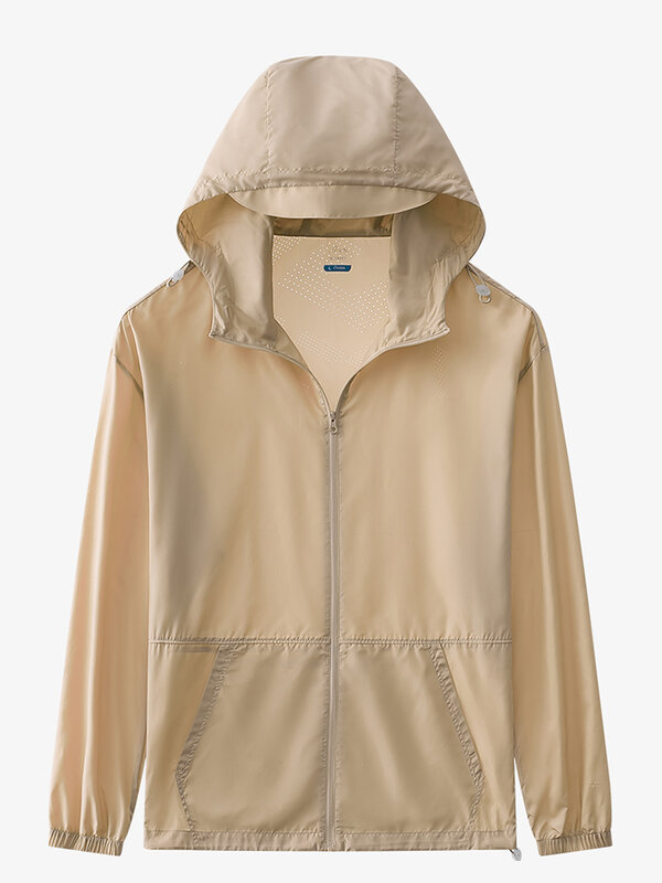 Letnie męskie płaszcze ze skóry ultralekkiej na zewnątrz osłona przeciwsłoneczna UPF40 odporna na UV kurtka w stylu Casual, cienka z kapturem jednolita odzież