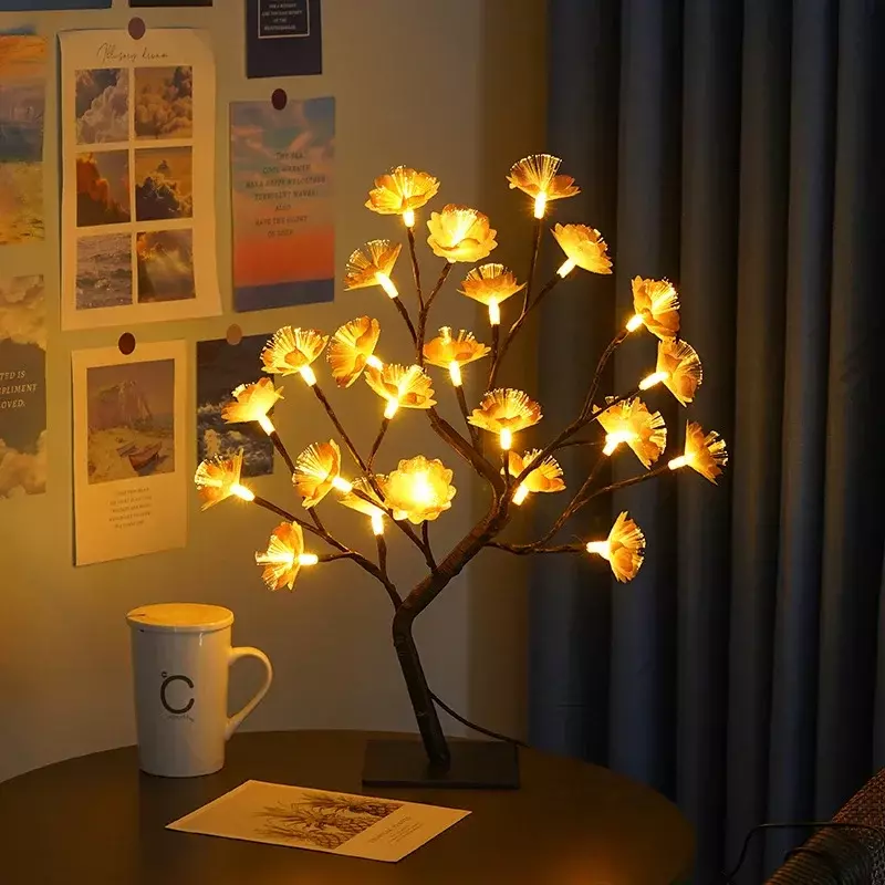 Lámpara de mesa LED USB para decoración del hogar, Camelia, flor rosa, bonsái, árbol, luces de noche, guirnalda, dormitorio, Navidad, novedad
