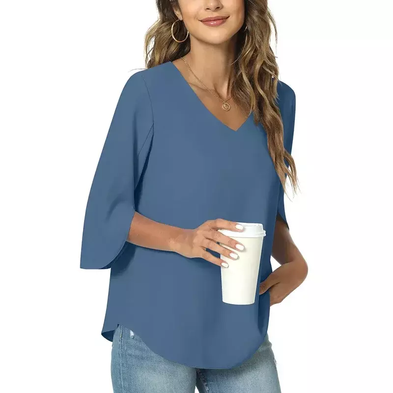 Новая стильная Летняя короткая блузка с V-образным вырезом, Свободная Женская футболка из чистого хлопка, gray22