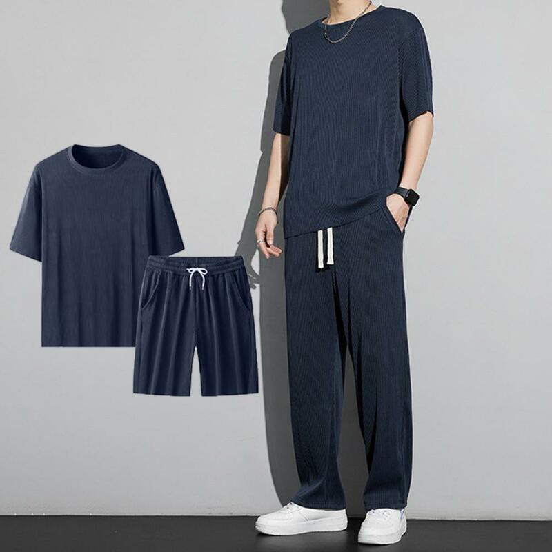 Camiseta e calça esportiva casual masculina, fato de treino com cordão, gola redonda, camiseta de duas peças, conjunto esportivo masculino