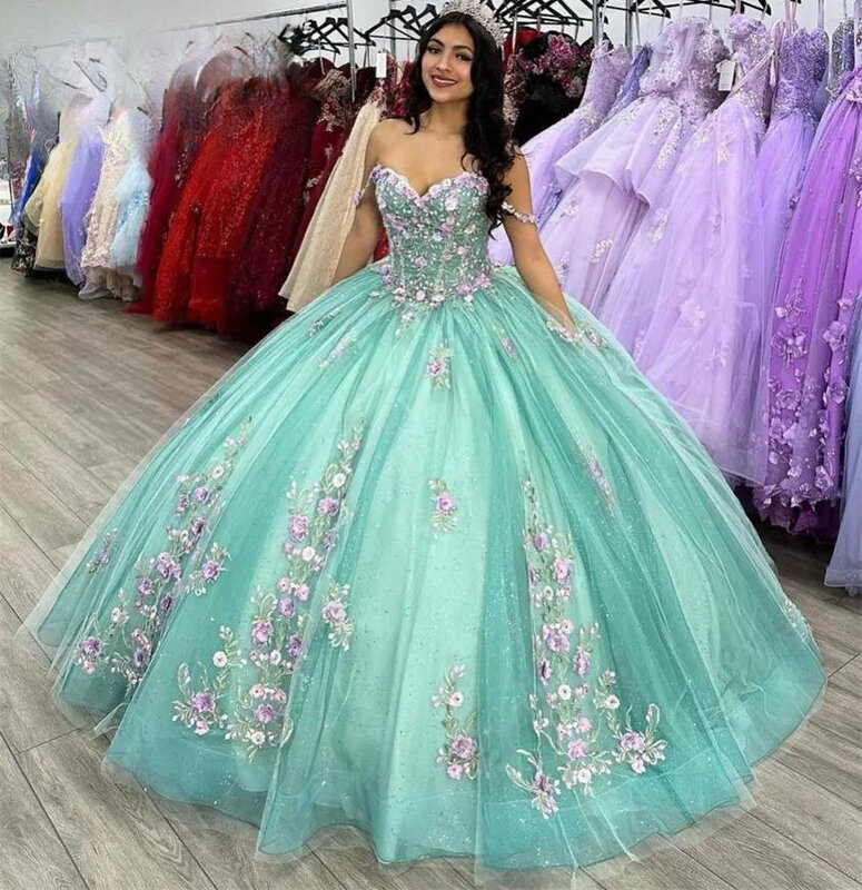 Mint Green Princess Quinceanera Dresses Ball Gown Off The Shoulder Tulle Appliques Sweet 16 Dresses 15 Años Custom