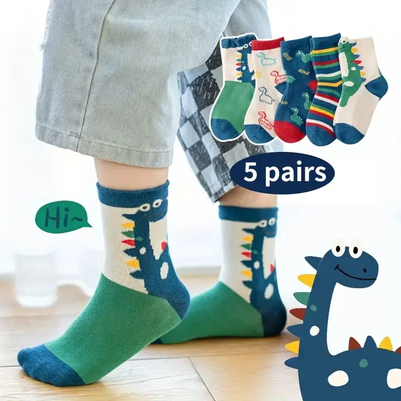 ถุงเท้าถักพิมพ์ลาย Dino สำหรับเด็กผู้ชาย, 5คู่ถุงเท้าลูกเรือสวมใส่สบายระบายอากาศได้ดีสำหรับฤดูร้อนและฤดูใบไม้ผลิ