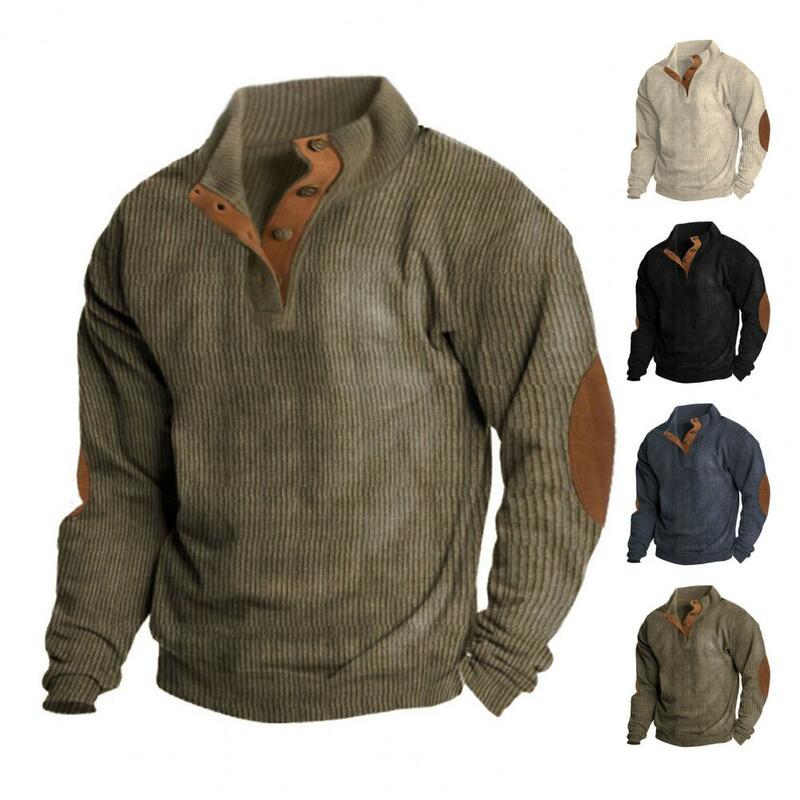 Sweatshirt pria lengan panjang, atasan kerah berdiri bergaya Sweatshirt untuk musim gugur musim dingin kasual Pullover tambal sulam lengan panjang
