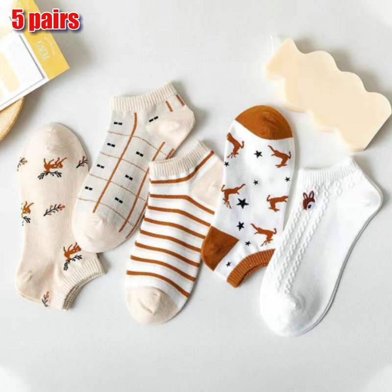 New 5Pairs Boat Socks Cartoon Short Cute Femme Funny Ankle Low Cut Casual Sock Female Breathable Calcetines Mujer Funny Summer