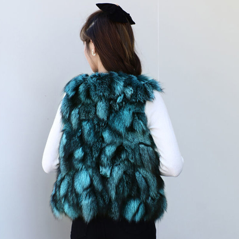 Chaleco de piel de zorro para mujer, abrigo corto ajustado con cuello en V, moda informal, otoño e invierno, 2023