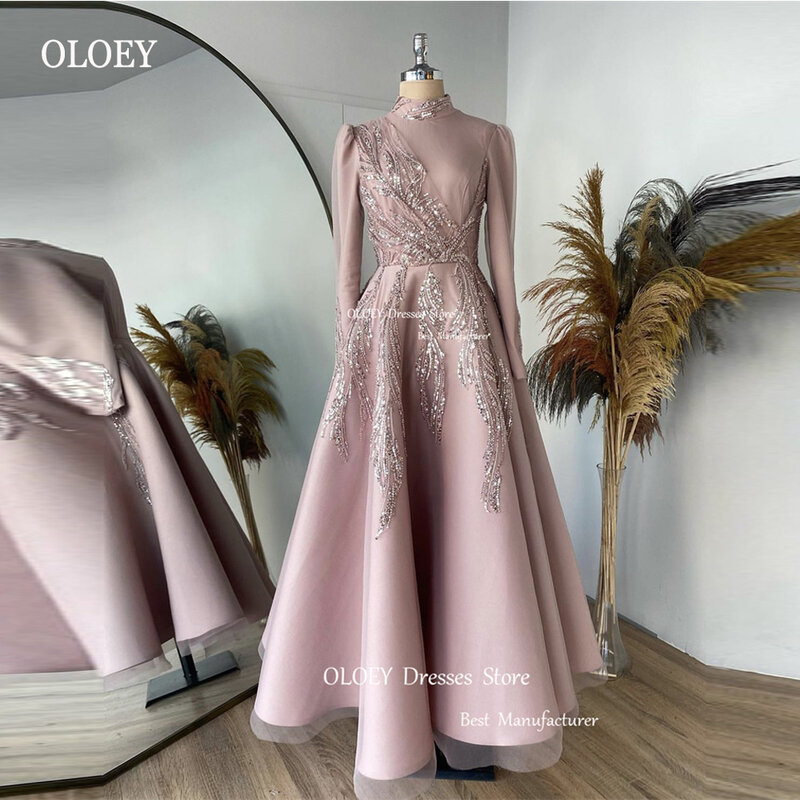 OLOEY Modest Muslim Dubai Arabic Women Evening Dresses Dusty Pink High Neck Long Sleeves Sequin Lace Formal Prom Gowns 2023