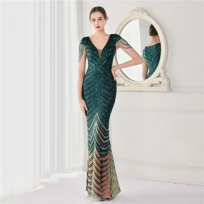 Luxury Red Sequins Mermaid Evening Dress Sparkling Beading Robe De Mariée V Neck Sleeveless Pageant Guest Party Prom Gown