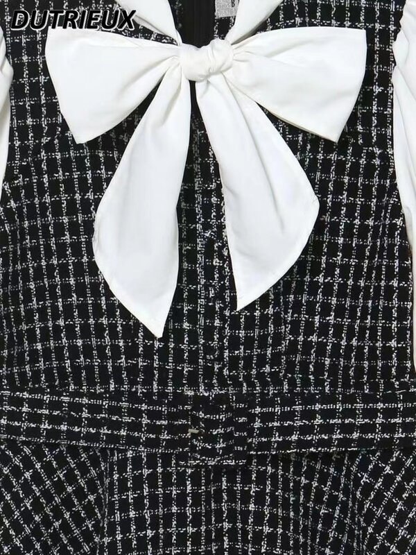 여성용 리본 나비 매듭 긴 소매 짧은 원피스 세트, 일본 스타일 여성 의상, 패션 용수철 가을 투피스 세트