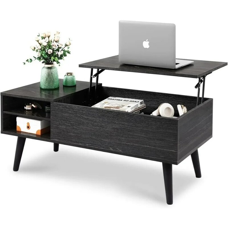 Mesa de centro de madera con compartimento oculto, estante de almacenamiento ajustable, mesa de comedor negra