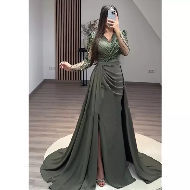  Evening  Sexy Casual  Jersey Sequined Beading Ruched Evening A-line V-neck Bespoke Occasion Gown Long Dresses