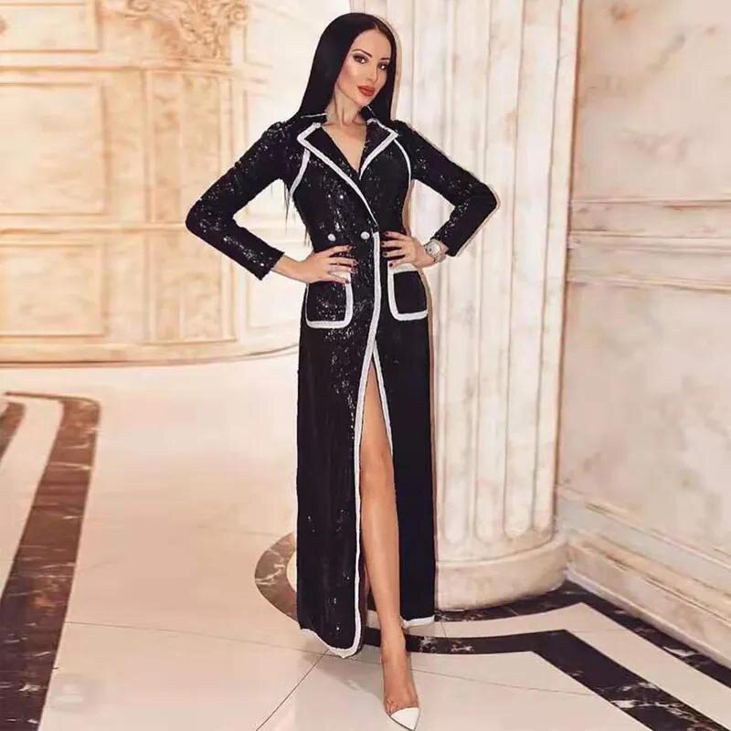 Black Sequins Jacket Style Double-Breasted Long Coat Wedding Guest Evening Cocktail Prom Dresses for Bride Special Occasion