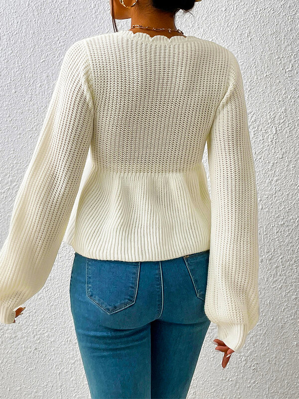Tops de malha feminino manga comprida com cordão cintura, tops monocromáticos, malha primavera e outono