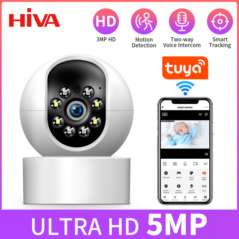 HIVA-Caméra de surveillance intérieure intelligente IP WiFi 1080p, dispositif de sécurité sans fil, babyphone vidéo, avec vision nocturne infrarouge et suivi automatique