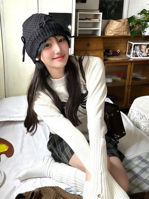 Deeptown-suéter blanco estético Y2K para mujer, Jersey de punto con lazo Harajuku Kawaii, Tops de punto ajustados coreanos, Tops Cutecore, Otoño e Invierno
