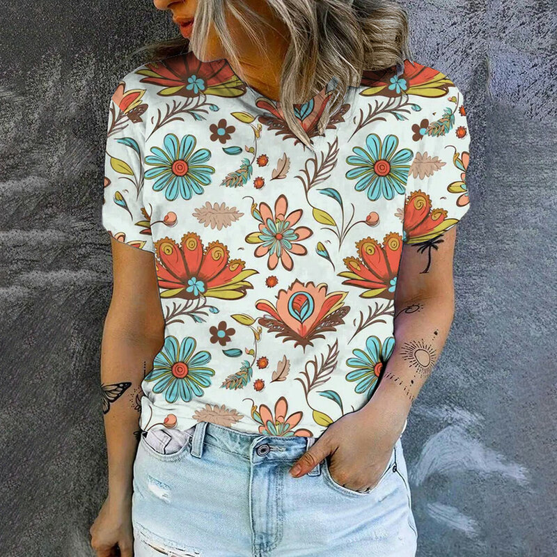 Camiseta con estampado 3D para mujer, blusa holgada con estampado Floral, Tops informales de gran tamaño para uso diario, moda de verano, 2024
