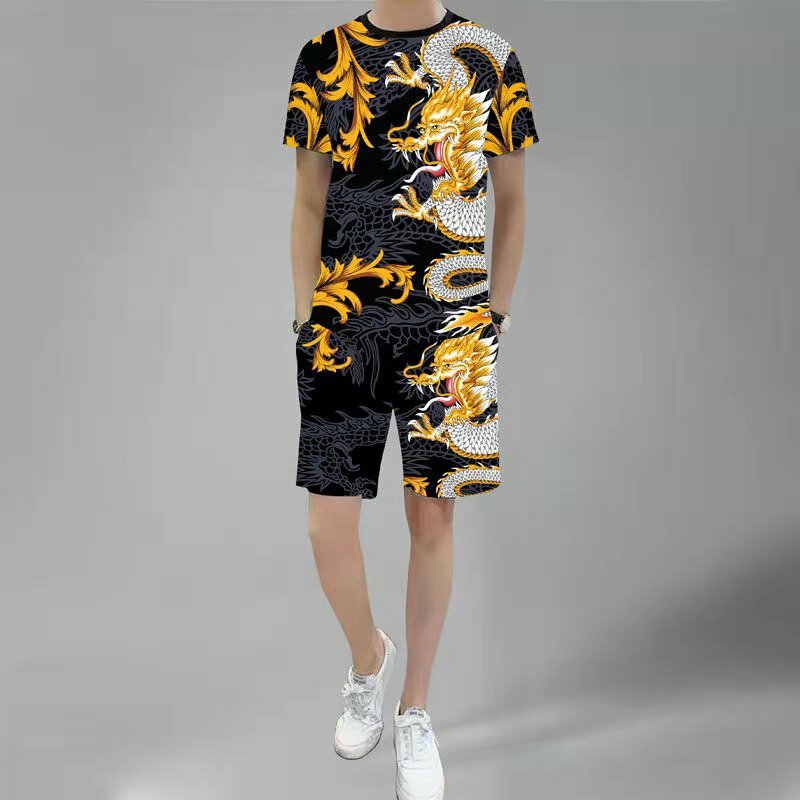 Nova impressão 3d dragão verão terno masculino roupas 2 peça roupa de roupa esportiva de manga curta streetwear camiseta conjunto agasalho