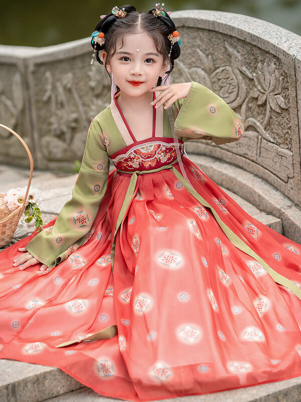 여아용 중국 실크 가운 의상, 어린이 기모노, 중국 전통 빈티지 민족 앤티크 드레스, 댄스 의상, 코스프레 한푸 세트