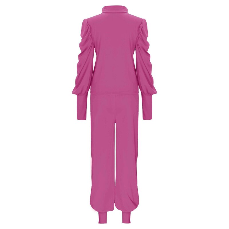 Conjunto feminino de duas peças, roupas de manga comprida, calça de cintura alta, manga bolha, calça monocromática, casaco com zíper, design de personalidade