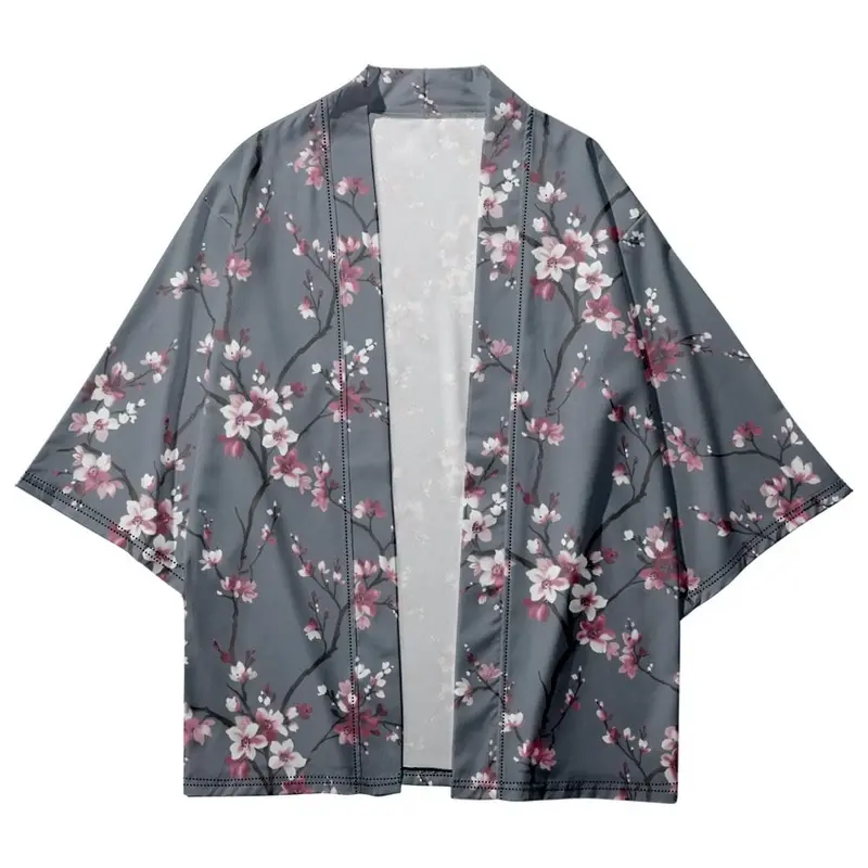 كيمونو ياباني سترة علوية للنساء ، طباعة زهور ، يوكاتا ، قميص بأكمام ، هاوري ، كاجوال ، شاطئ ، موضة ، صيف ،